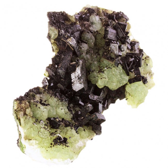 4.9" Glossy Black BABINGTONITE Crystals to .7" on Green Prehnite China for sale