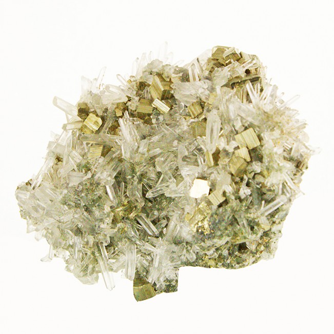 3.8" Striated Golden PYRITE Crystals w-Clear Prickly Needle QUARTZ Peru for sale