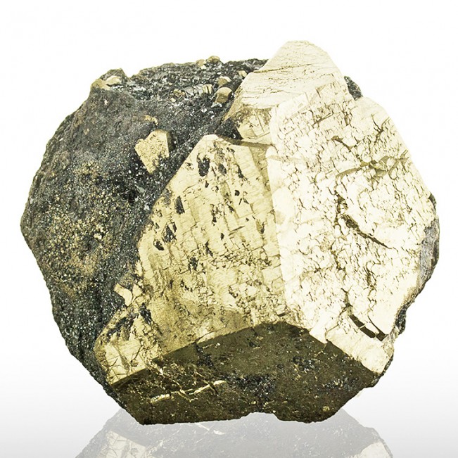 2.9" Gleaming Golden PYRITE CRYSTAL on Black Hematite Elba Island Italy for sale