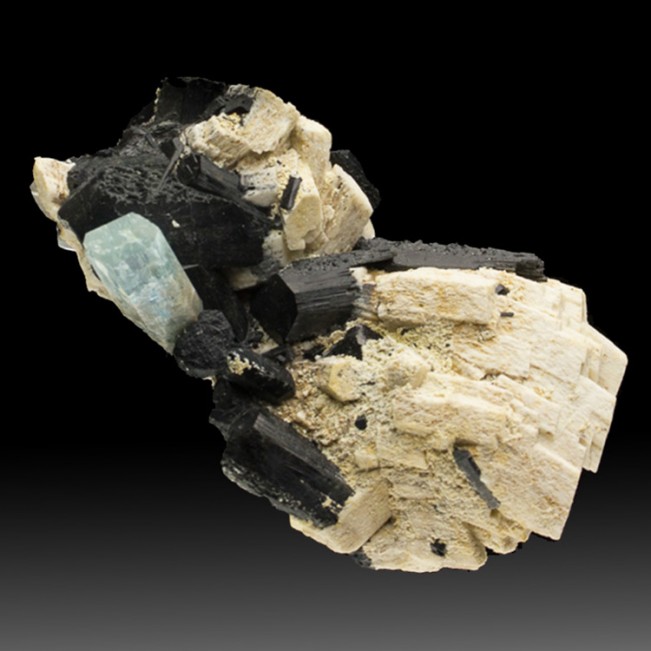 3.5" Gem Light Blue AQUAMARINE 1" Crystal on Microcline +Schorl Namibia for sale