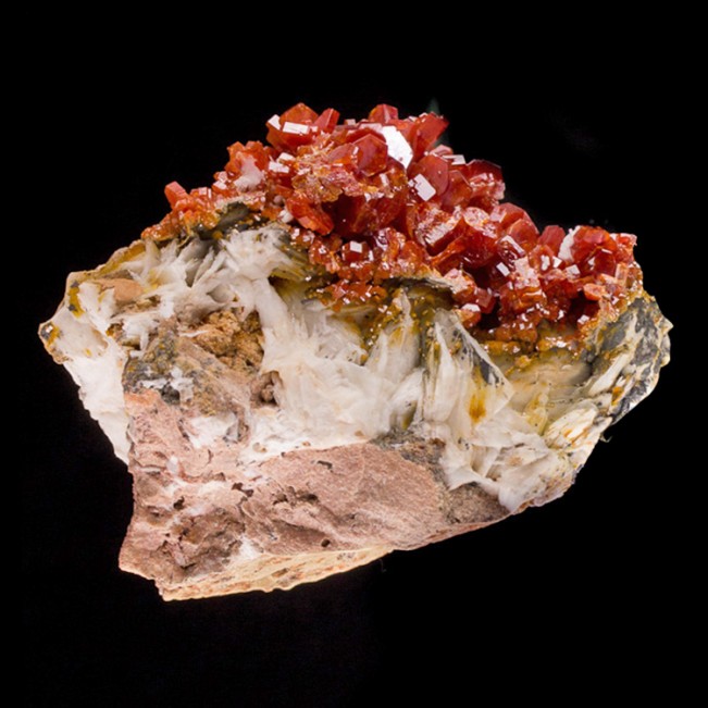 3.8" Bright Red VANADANITE Crystals on Barite w/White Aragonite Morocco for sale