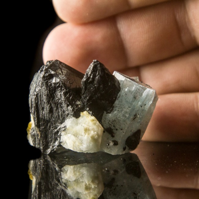 1" Vivid Blue AQUAMARINE Crystal w/Black Schorl on 1.8" Matrix Namibia for sale