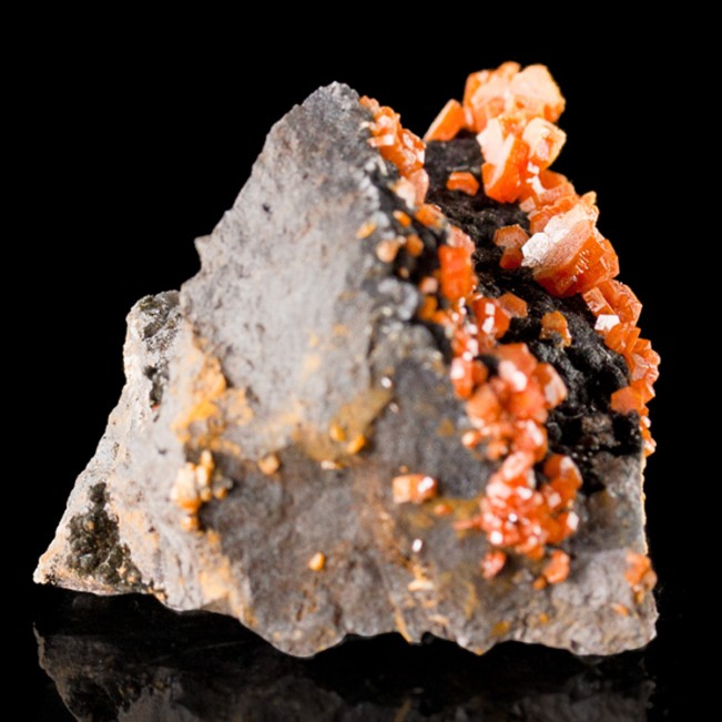 2.3" Red Orange VANADANITE Crystals on Black Velvet GOETHITE Morocco for sale
