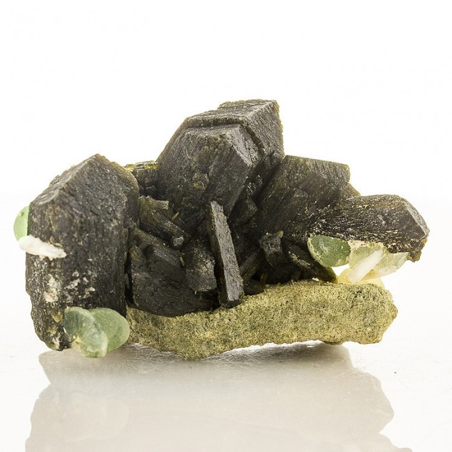 2.8" EPIDOTE with PREHNITE Crystals HiContrast GrassGreen on Black Mali for sale