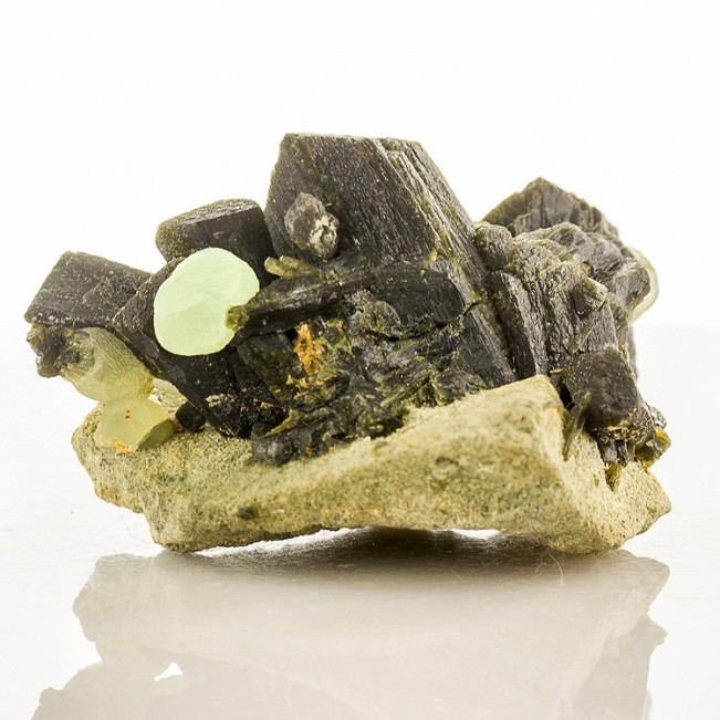 2.8" EPIDOTE with PREHNITE Crystals HiContrast GrassGreen on Black Mali for sale